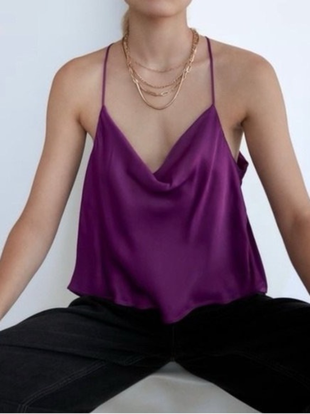 Zara Purple Satin Cowl Neck Spaghetti Strap Top
